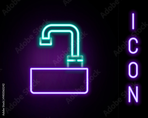 Glowing neon line Washbasin with water tap icon isolated on black background. Colorful outline concept. Vector