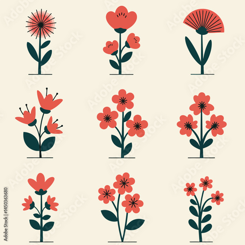 A vector illustration featuring a collection of beautifully arranged colorful flowers, each with intricate details and vibrant colors, set against a white background to emphasize elegance and simplici