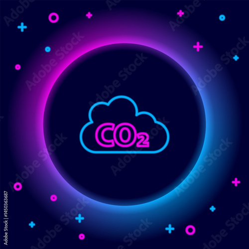 Glowing neon line CO2 emissions in cloud icon isolated on black background. Carbon dioxide formula, smog pollution concept, environment concept. Colorful outline concept. Vector