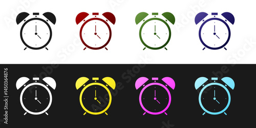 Set Alarm clock icon isolated on black and white background. Wake up, get up concept. Time sign. Vector