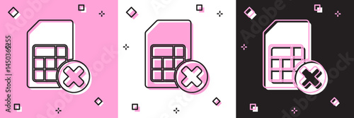 Set Sim card rejected icon isolated on pink and white, black background. Mobile cellular phone sim card chip. Mobile telecommunications technology symbol. Vector