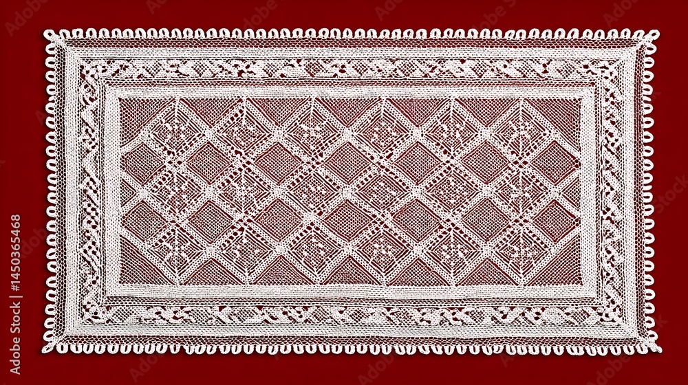 Intricate Handcrafted Lace Tablecloth with Geometric Patterns on Rich Red Background Intricate Handcrafted Lace Tablecloth with Geometric Patterns on Rich Red Background