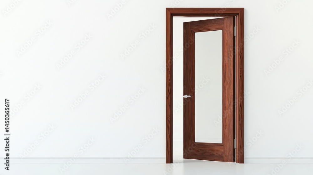 Mid-century wooden door with vertical glass strip, partially opened on white background. Mid-century wooden door with vertical glass strip, partially opened on white background.