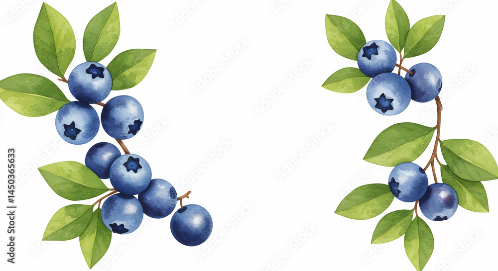 Obraz premium Fresh Blueberry Branches with Green Leaves in Watercolor Style