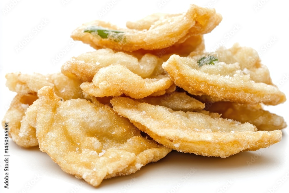 Crispy fried snacks piled high on a white surface, showcasing texture and golden color Crispy fried snacks piled high on a white surface, showcasing texture and golden color