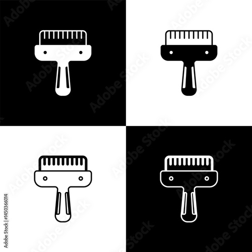 Set Hair brush for dog and cat icon isolated on black and white background. Brush for animal fur. Pet accessory. Vector