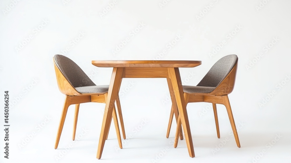 Mid-century wooden table with two retro chairs on white background. Mid-century wooden table with two retro chairs on white background.