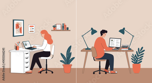 Focused Woman Working at a Modern Desk with Stylish Decor