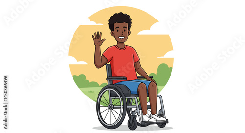 Person in Wheelchair with Friendly Greeting in Outdoor Setting