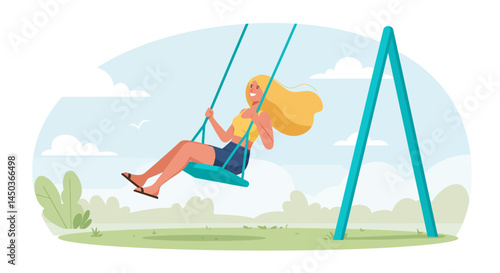 Persons Legs Swinging High on Teal Swing Set Against Serene Landscape