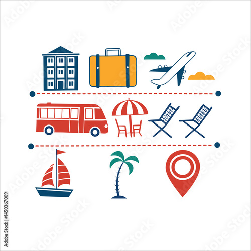 Illustration of travel icons including a hotel, suitcase, and transportation