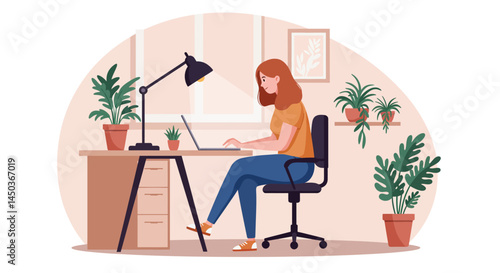 A Cozy Workspace Scene with Plants and a Lamp