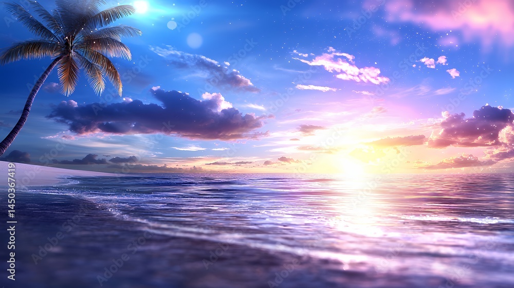 Obraz premium Palm Tree Beach Sunset Scene