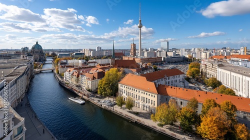 High-angle view of Berlin city center, including the Spree River, historic buildings, and the TV tower, on a sunny day. Ideal for showcasing German architecture, urban landscapes, and travel