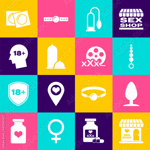 Set Sex shop building, Anal plug, beads, Penis pump, Condoms safe sex, Head with 18 plus, package and Film reel icon. Vector