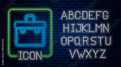 Glowing neon Briefcase icon isolated on brick wall background. Business case sign. Business portfolio. Neon light alphabet. Vector