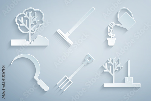 Set Garden pitchfork, Watering can, Sickle, Planting tree the ground, rake and icon. Vector