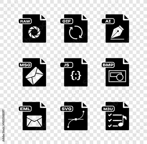 Set RAW file document, GIF, AI, EML, SVG, M3U, MSG and JS icon. Vector