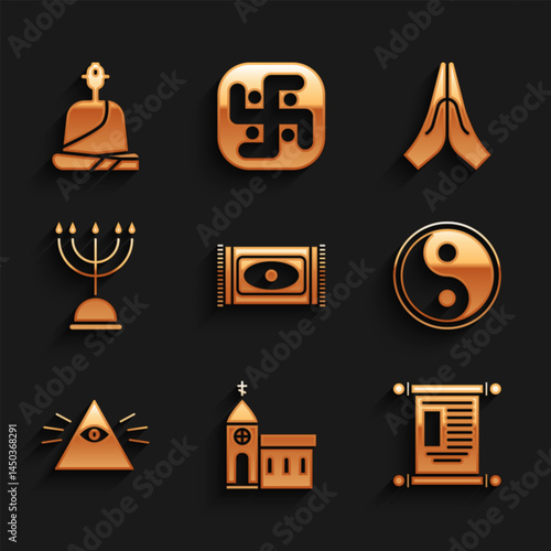Set Traditional carpet, Church building, Decree, paper, parchment, scroll, Yin Yang, Masons, Hanukkah menorah, Hands praying position and Buddhist monk icon. Vector