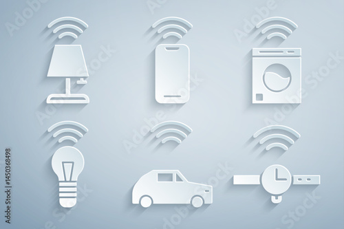 Set Smart car system with wireless, washer, light bulb, Smartwatch, Wireless smartphone and table lamp icon. Vector