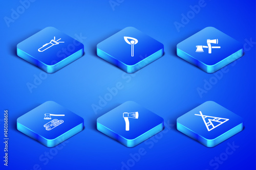 Set Tourist tent, Flashlight, Wooden axe, and wood, Burning match with fire and Crossed wooden icon. Vector