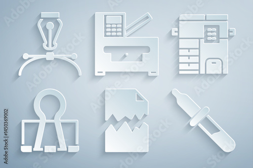 Set Torn document, Copy machine, Binder clip, Pipette, and Fountain pen nib icon. Vector