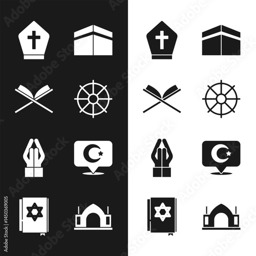 Set Dharma wheel, Holy book of Koran, Pope hat, Kaaba mosque, Hands in praying position, Star crescent, Hindu spiritual temple and Jewish torah icon. Vector