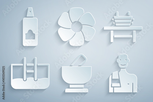 Set Mortar and pestle, Sauna bench with bucket, Swimming pool ladder, Man the sauna, Flower and Spray can for hairspray icon. Vector
