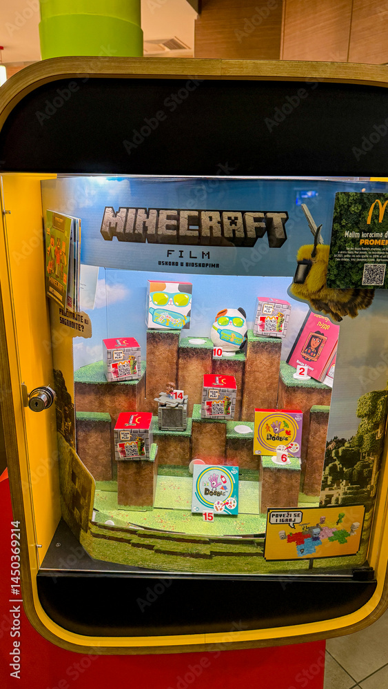 Fototapeta premium Retro arcade treasures encased in pixelated nostalgia, blending Minecraft magic with whimsical gaming memorabilia, ideal for Geek Pride Day April 30th 2025, Belgrade, Serbia