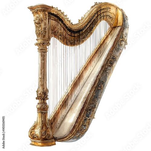Grand Harp With Golden Strings, vector watercolor illustration, isolated on a white background.