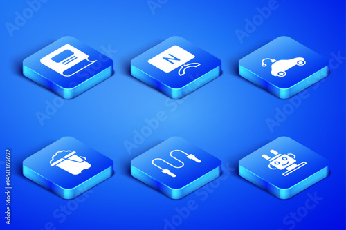 Set Robot toy, Book, Jump rope, Sand in bucket, Smart Tv and Radio controlled car icon. Vector