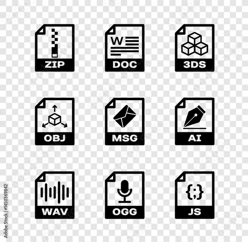 Set ZIP file document, DOC, 3DS, WAV, OGG and JS icon. Vector
