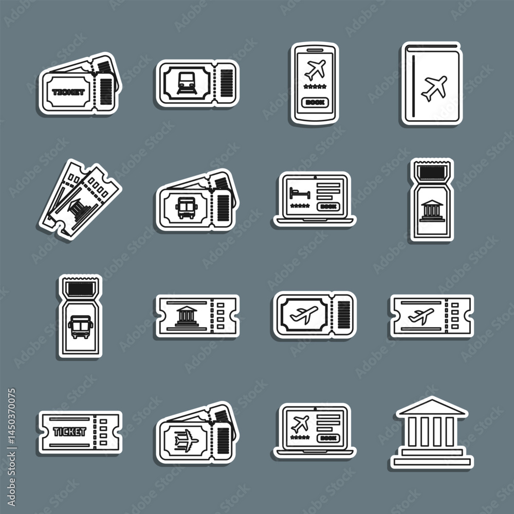 Set line Museum building, Airline ticket, Mobile with, Bus, Ticket and Online hotel booking icon. Vector Set line Museum building, Airline ticket, Mobile with, Bus, Ticket and Online hotel booking icon. Vector