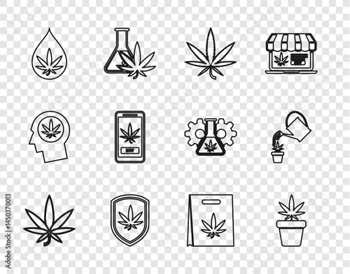 Set line Marijuana or cannabis leaf, plant in pot, Shield and marijuana, oil, Online buying, Shopping bag of and Watering icon. Vector