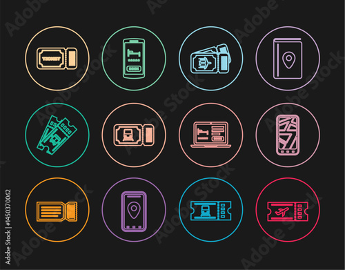 Set line Airline ticket, Infographic of city map, Train, Bus, Ticket, Online hotel booking and icon. Vector