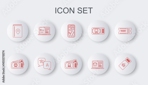 Set line Airline ticket, Bus, Infographic of city map, Online car sharing, Cover book travel guide, hotel booking, Translator and Train icon. Vector