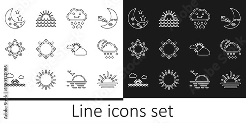 Set line Sunset, Cloud with rain and moon, Moon stars, cloud weather and icon. Vector