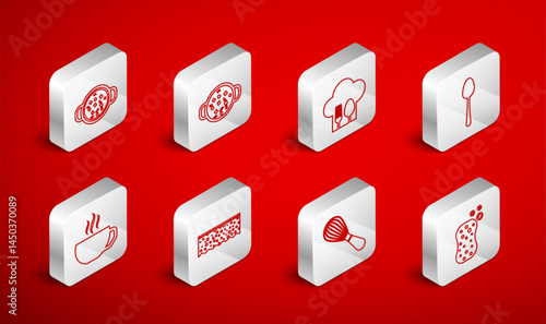 Set line Sponge with bubbles, Cooking soup in pot, Chef hat fork and spoon, Spoon, Kitchen whisk, and Coffee cup icon. Vector