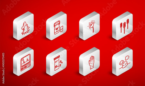 Set line Dust, Can container for milk, Flower producing pollen, Wheat, Hand with psoriasis eczema, Runny nose, Medicine bottle pills and Monitor cardiogram icon. Vector