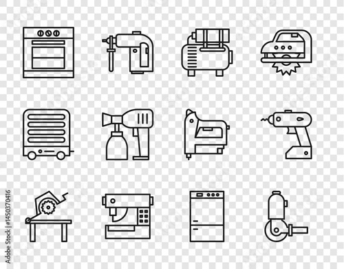 Set line Table saw for woodwork, Angle grinder, Air compressor, Sewing machine, Oven, Paint spray gun, Refrigerator and Electric cordless screwdriver icon. Vector