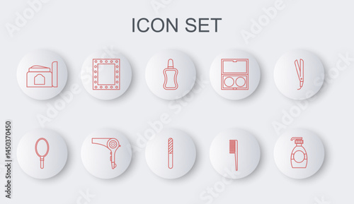 Set line Bottle of liquid soap, Hand mirror, Nail polish bottle, Hairbrush, Cream cosmetic tube, Makeup with lights, dryer and file icon. Vector