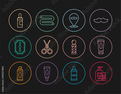 Set line Shaving gel foam and brush, Cream or lotion cosmetic tube, Barbershop, Scissors hairdresser, Blade razor, Beard mustaches care oil bottle, Classic pole and Towel icon. Vector