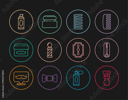 Set line Shaving brush, Curling iron for hair, Hairbrush, Classic Barber shop pole, Cream lotion cosmetic jar, gel foam, Blade razor and tube icon. Vector