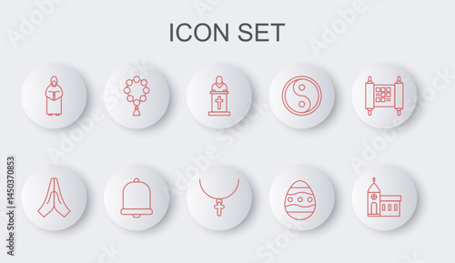 Set line Church building, Hands praying position, pastor preaching, Easter egg, Monk, Rosary beads religion, bell and Christian cross chain icon. Vector
