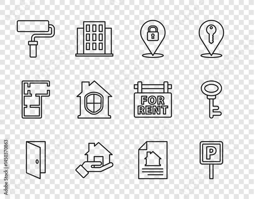 Set line Closed door, Parking, Location lock, Realtor, Paint roller brush, House under protection, contract and key icon. Vector
