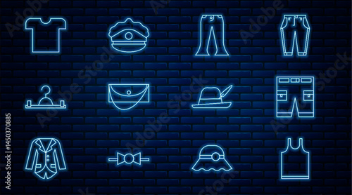 Set line Sleeveless T-shirt, Short or pants, Pants, Clutch bag, Hanger wardrobe, Oktoberfest hat and Police cap with cockade icon. Vector