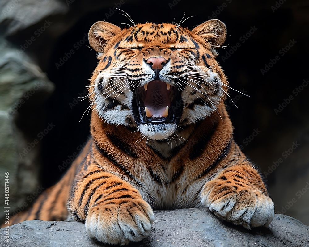 Obraz premium Yawning tiger, orange fur, dark background