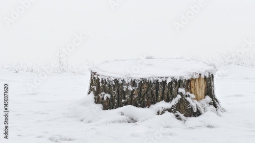 Wallpaper Mural Misty winter scene with an old tree stump covered in soft snow, on white background Torontodigital.ca