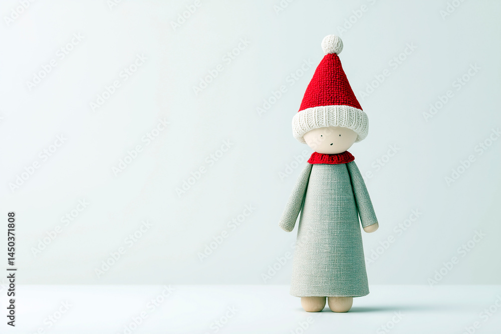Fototapeta premium Minimalist handmade doll in a red knit Christmas hat and scarf standing against a light background