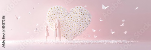 Heartfelt mother and child bond amidst daisy heart sculpture and butterflies